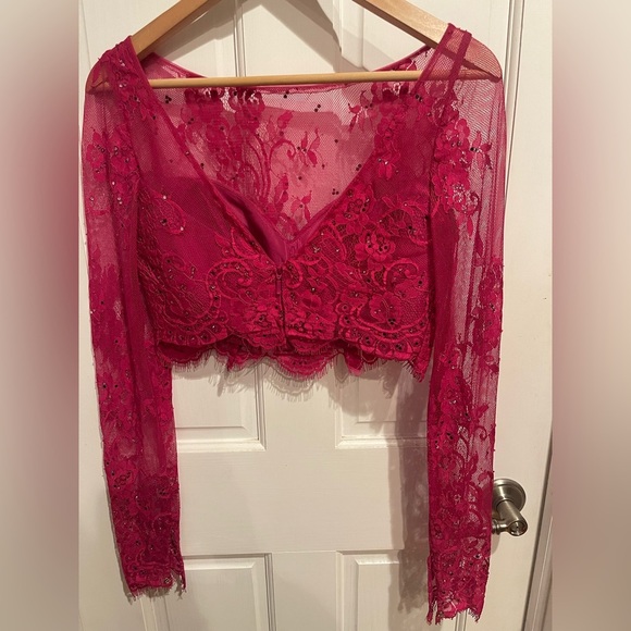 Sherri Hill Pink Lace Long Sleeve Top Size 2 - Picture 4 of 8